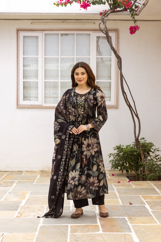 Black Floral Mal Chanderi Kurti Set with Dupatta