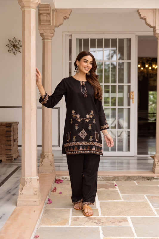 Black Cotton Flex Kurti Set