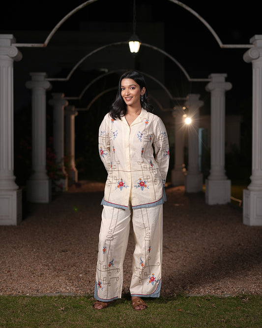 Floral Embroidered Cream Co-Ord Set