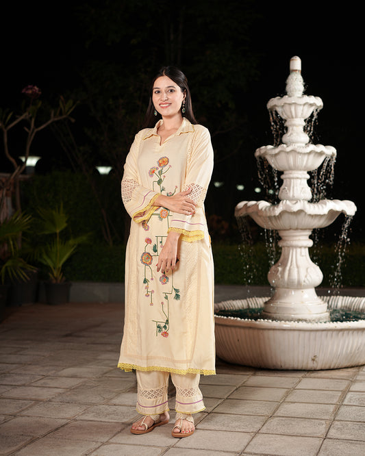 Classic Cream Floral Embroidery Kurti Set
