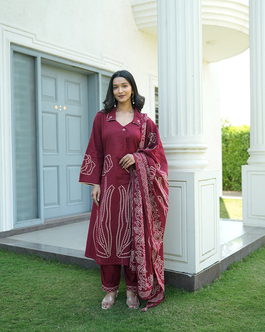 maroon block print Bandhani Kurti Set with Dupatta