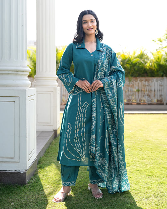 Rama Green block print Bandhani Kurti Set with Dupatta