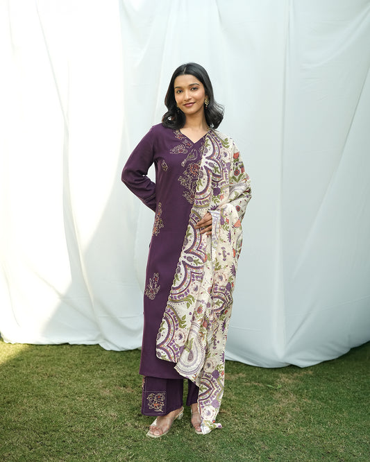 Wine Embroidered Kurti Palazzo Set with Dupatta
