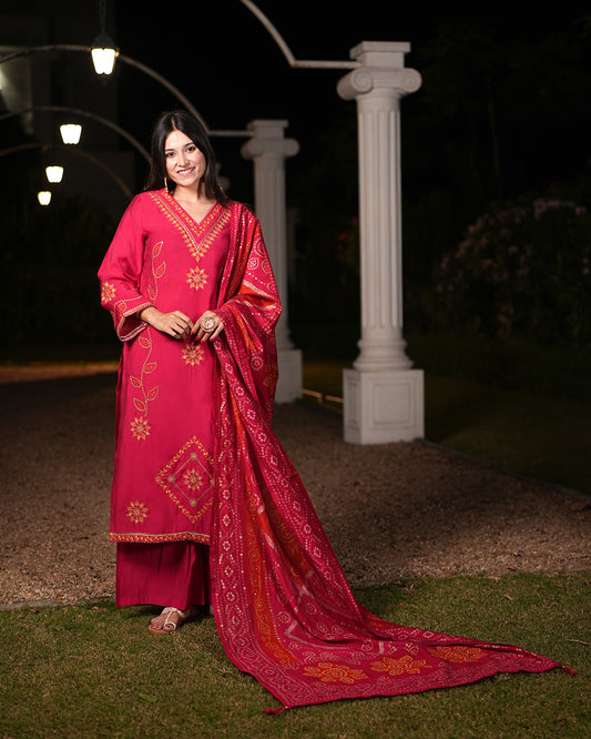 Pink Embroidered Kurti Palazzo Dupatta Set