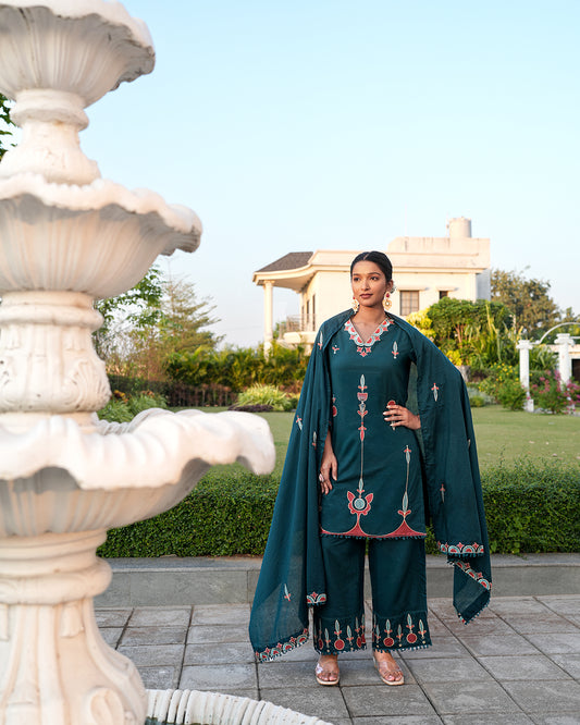 Dark Green Embroidered Cotton Kurti Palazzo Set