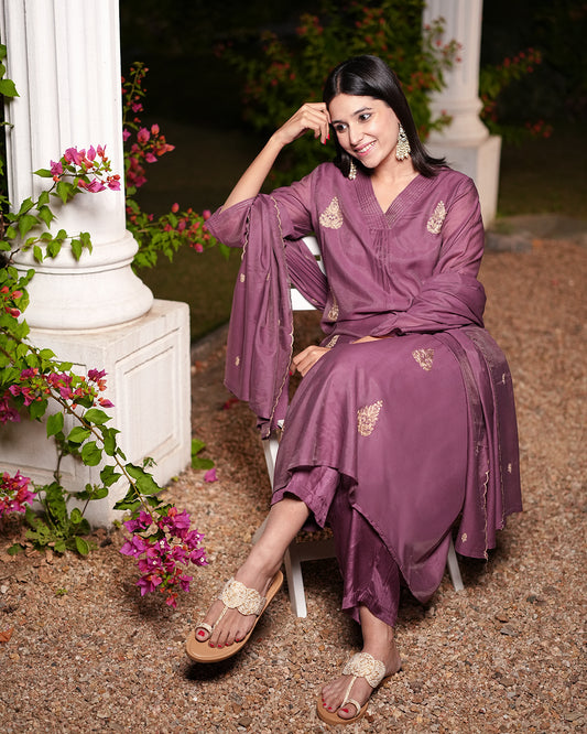 Lavender 3‑Piece Embroidered Chanderi Set