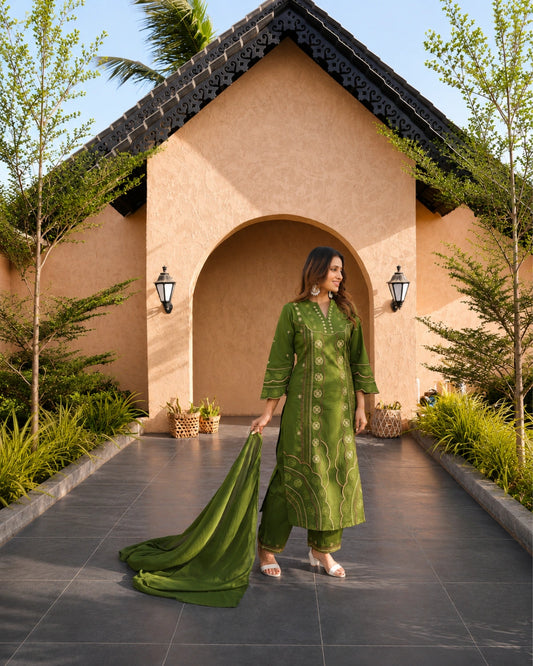 Olive Green Embroidered Kurti Set with Dupatta