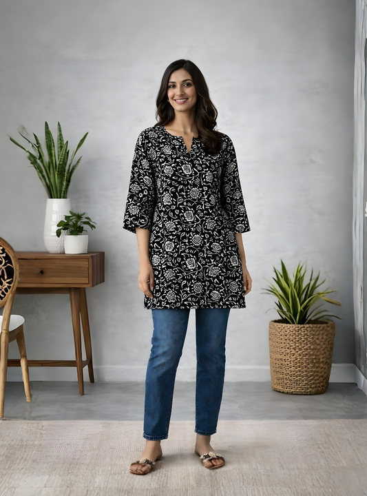 Black Floral print cotton Tunic