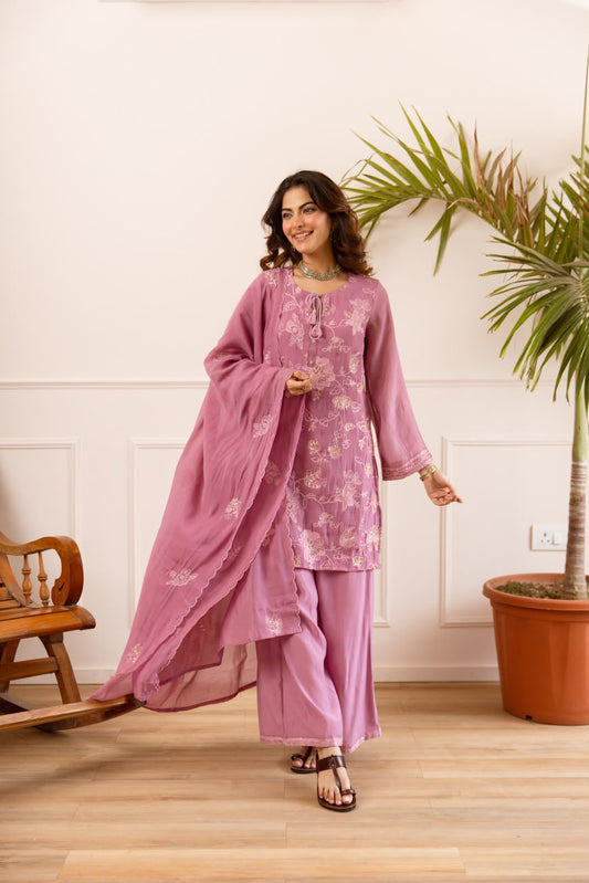 Mauve Floral Mal Chanderi Kurti Set with Dupatta