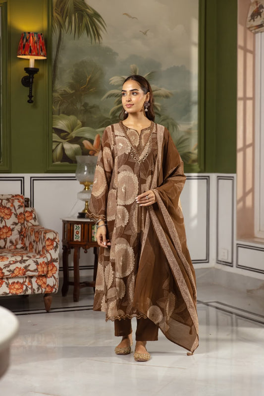 Brown Floral Mal Chanderi Kurti Set with Dupatta