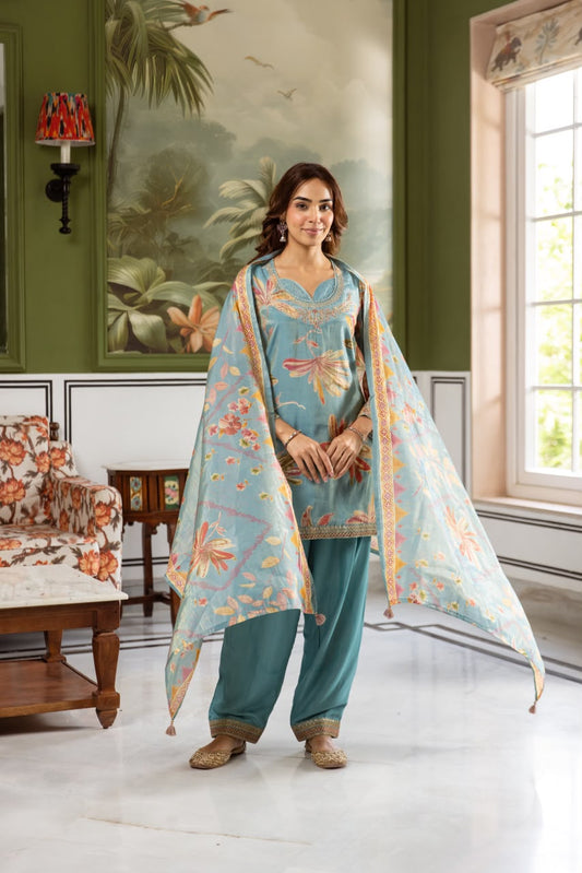 Teal Blue Floral Mal Shimmer Kurti Set with Dupatta