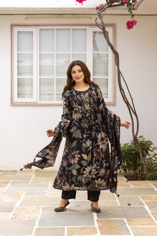 Black Floral Mal Chanderi Kurti Set with Dupatta