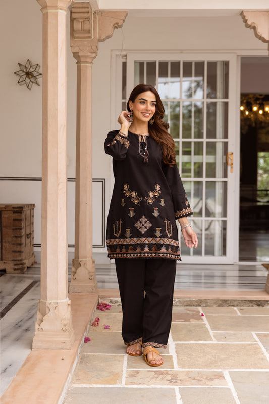 Black Cotton Flex Kurti Set