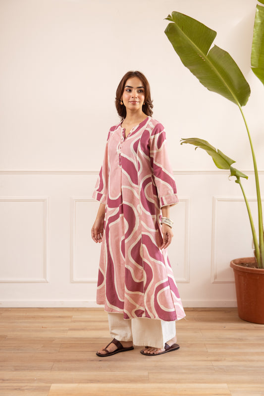 Pink Abstract Cotton Flex Kurti  Set