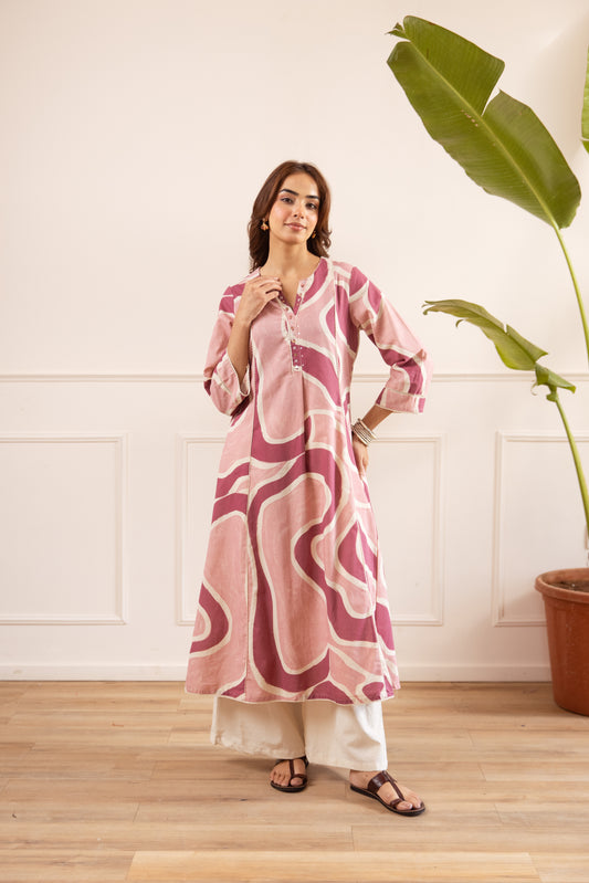 Pink Abstract Cotton Flex Kurti  Set