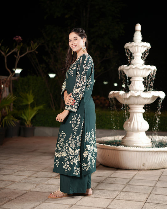 Green Floral Print Kurti Set