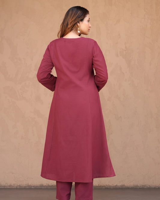 Maroon A-Line Thread Work Kurti Set