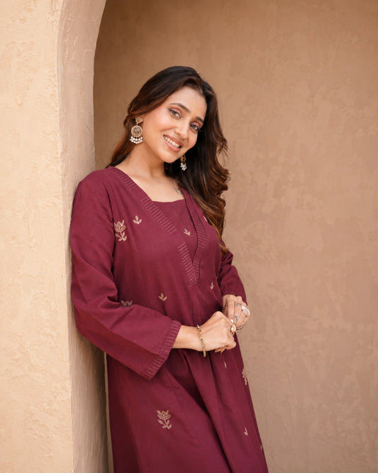 Maroon A-Line Thread Work Kurti Set