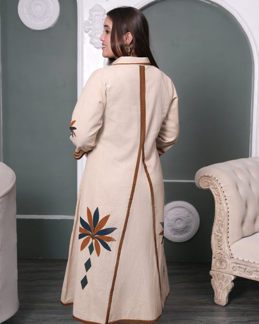 Beige A-Line Kurti Set with Mirror Work