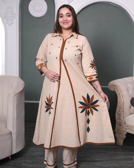 Beige A-Line Kurti Set with Mirror Work