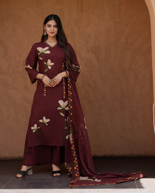 Wine Floral Print Kurti Set with Dupatta