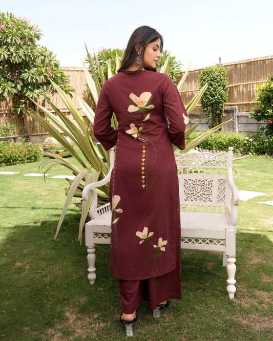 Wine Floral Print Kurti Set with Dupatta
