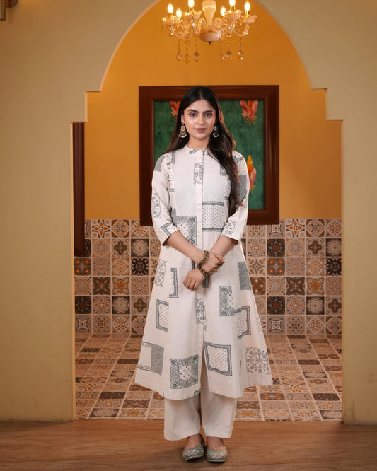 Off White Motif Print Kurti Set