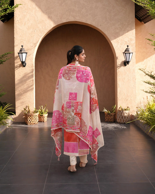 Coral Pink Linen Kurti Set with Dupatta