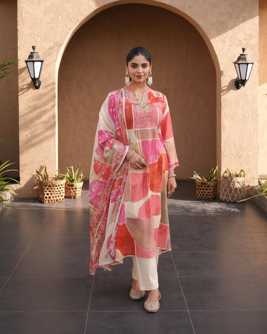 Coral Pink Linen Kurti Set with Dupatta