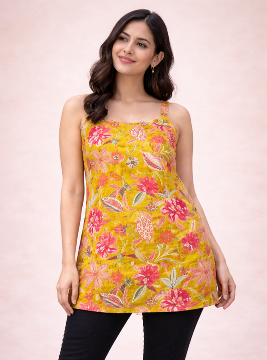Yellow floral print cotton sleevless tunic