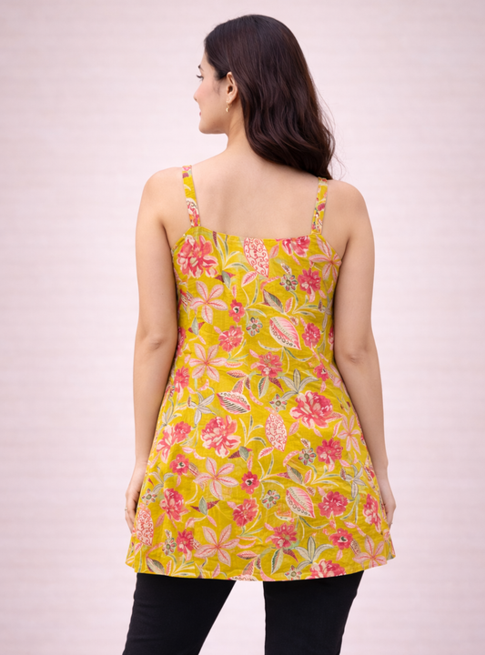 Yellow floral print cotton sleevless tunic