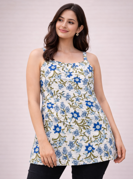 White floral print cotton sleeveless tunic