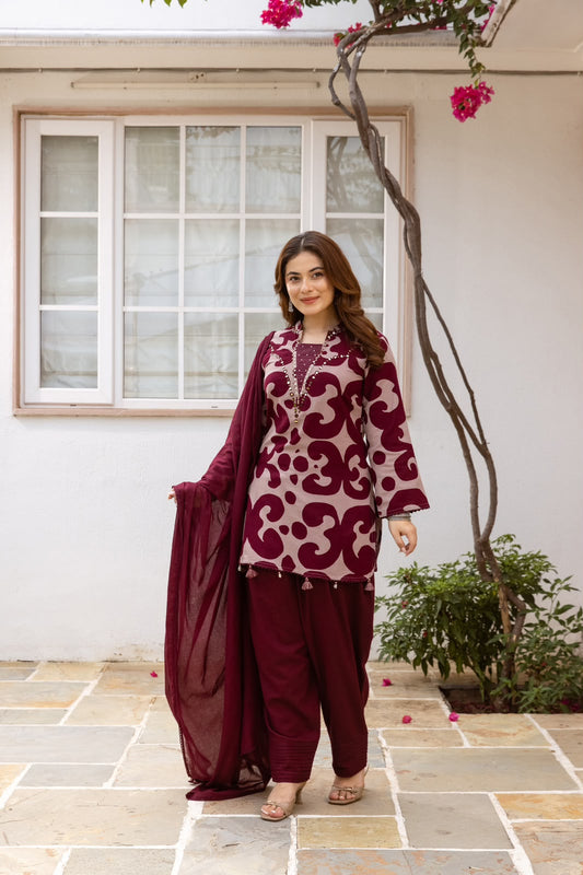 Wine Abstract Cotton Flex Farsi Kurti Set with Dupatta