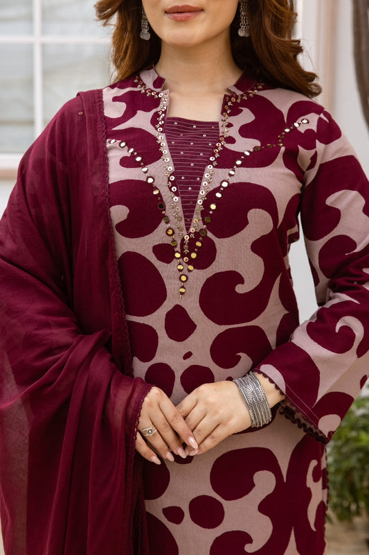 Wine Abstract Cotton Flex Farsi Kurti Set with Dupatta