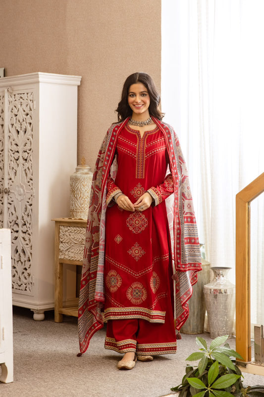 Red Printed German Rayon Kurti Set with Dupatta