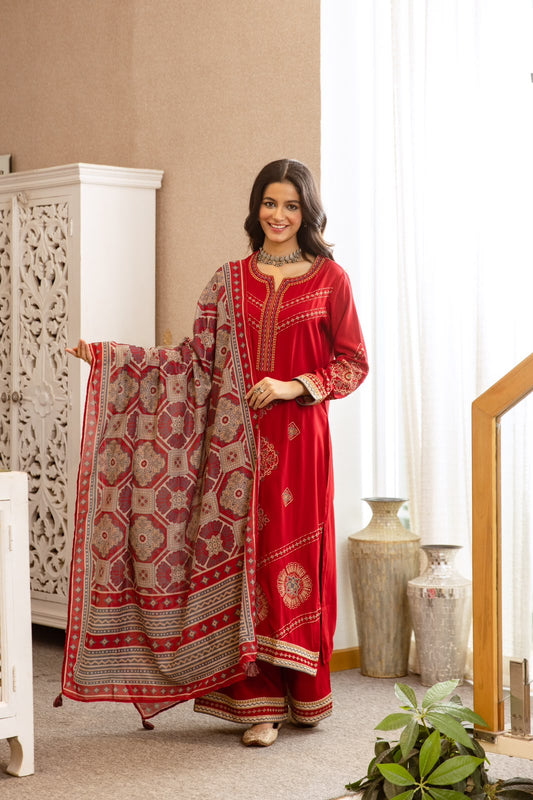 Red Printed German Rayon Kurti Set with Dupatta