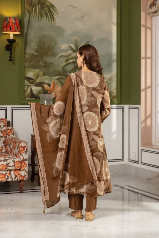 Brown Floral Mal Chanderi Kurti Set with Dupatta