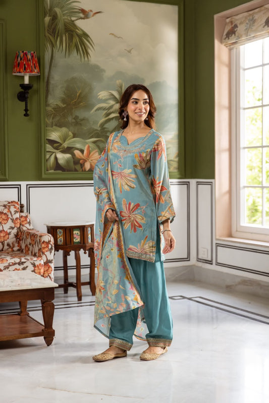 Teal Blue Floral Mal Shimmer Kurti Set with Dupatta